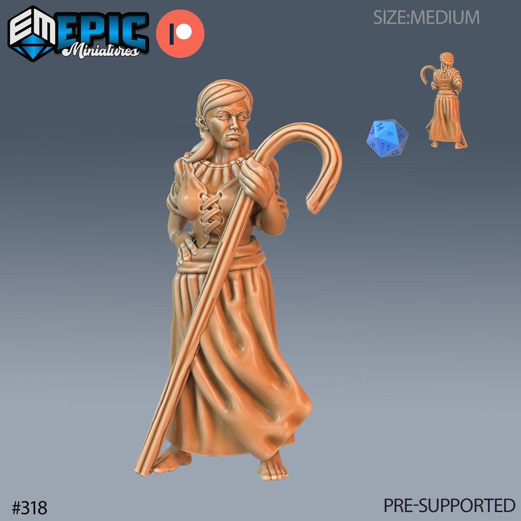Villager Set of 16 DND Minis | Villager Collection | TTRPG | Blacksmith Innkeeper Waitress Farmer Huntress Shepherd Merchant Jester Priest Female Shepherd front DND miniature  16k resin