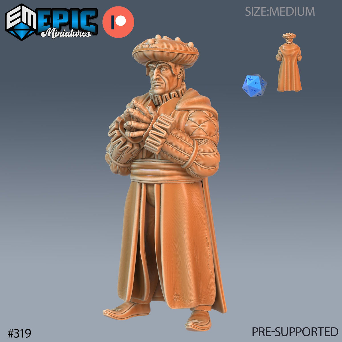 Villager Set of 16 DND Minis | Villager Collection | TTRPG | Blacksmith Innkeeper Waitress Farmer Huntress Shepherd Merchant Jester Priest Merchant front DND miniature  16k resin