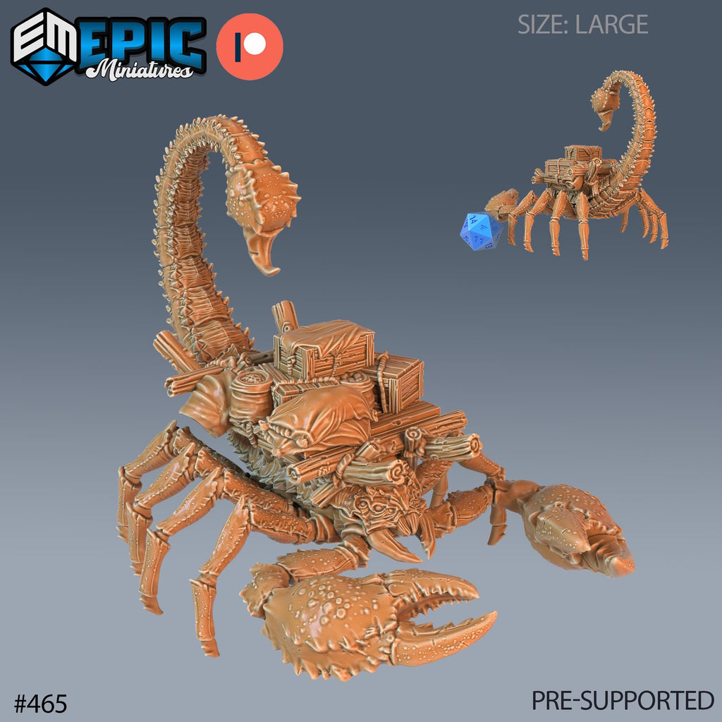 Giant Scorpion Set of 3 DND Minis | Mythical Desert Collection | TTRPG | Athas Al Qadim Osirion Oasis Wastes | Armored Saddle Pack Animal Option #465 front DND miniature  16k resin