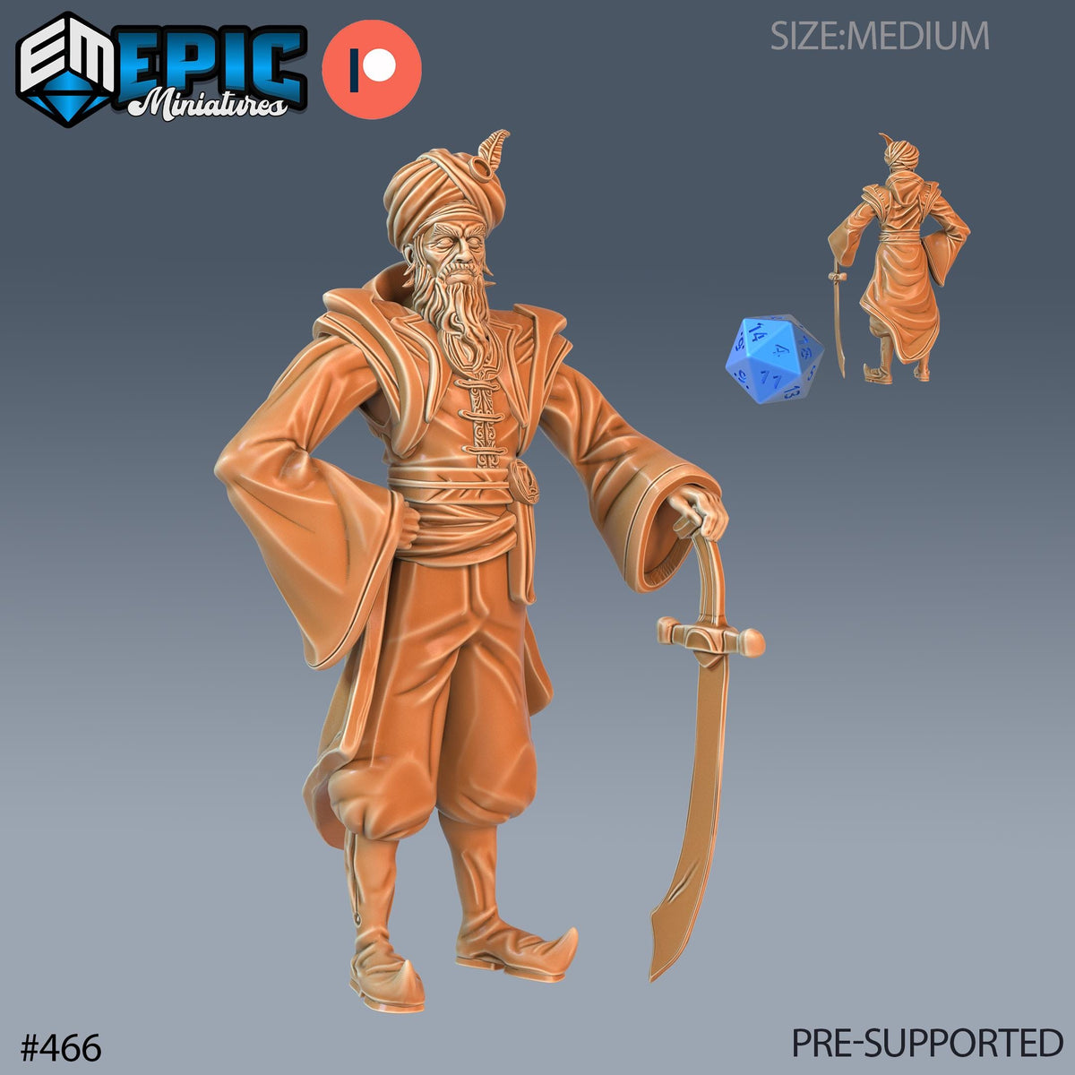 Grand Vizier Set of 3 DND Minis | Mythical Desert Collection | TTRPG | Athas Al Qadim Osirion Oasis Wastes | Treasure Hunt Map Sword Shield Option #466 front DND miniature  16k resin