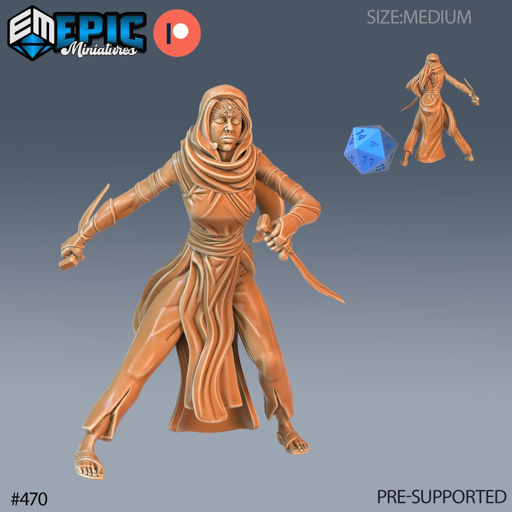 Vizier's Assassin Set of 3 DND Minis | Mythical Desert Collection | TTRPG | Athas Al Qadim Osirion Oasis Wastes | Female Dagger Option #470 front DND miniature  16k resin
