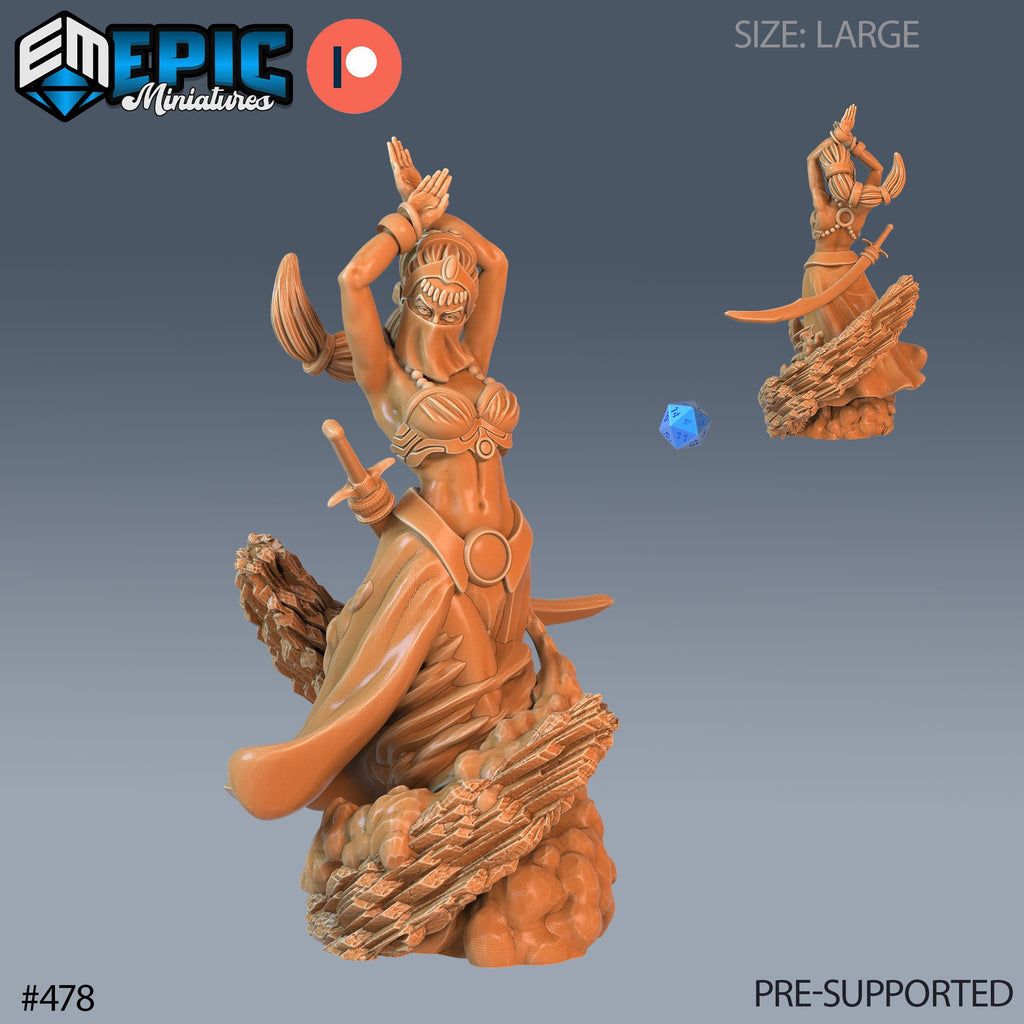 Dao Set of 3 DND Minis | Mythical Desert Collection | TTRPG | Athas Al Qadim Osirion Oasis Wastes | Female Genie Djinn Magic Saber Sword Option #478 front DND miniature  16k resin