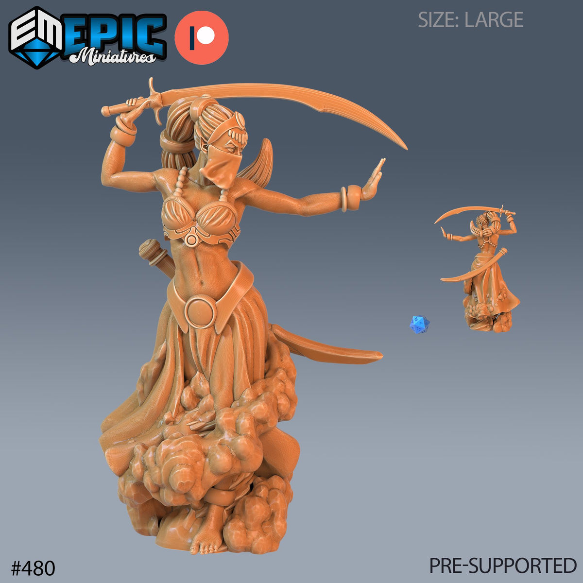 Dao Set of 3 DND Minis | Mythical Desert Collection | TTRPG | Athas Al Qadim Osirion Oasis Wastes | Female Genie Djinn Magic Saber Sword Option #480 front DND miniature  16k resin