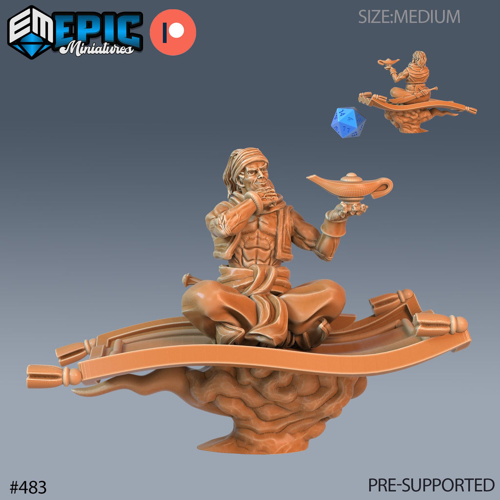 Aladdin Set of 3 DND Minis | Mythical Desert Collection | TTRPG | Athas Al Qadim Osirion Oasis Wastes | Flying Carpet Lamp Sword Option #483 front DND miniature  16k resin