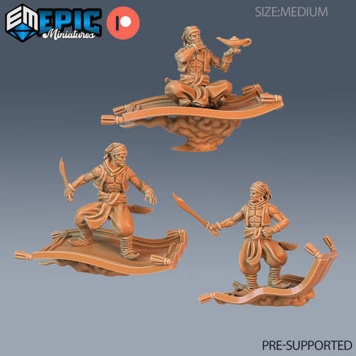 Aladdin Set of 3 DND Minis | Mythical Desert Collection | TTRPG | Athas Al Qadim Osirion Oasis Wastes | Flying Carpet Lamp Sword DND miniatures group photo