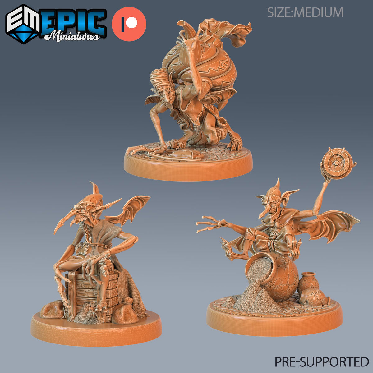 Dust Mephit Set of 3 DND Minis | Mythical Desert Collection | TTRPG | Athas Al Qadim Osirion Oasis Wastes | Merchant Worker Carrier DND miniatures group photo