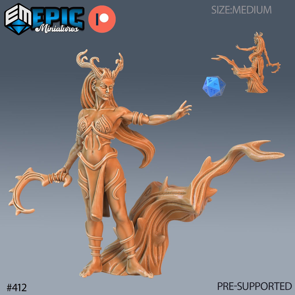 Dryad Set of 3 DND Minis | Fey Woods Collection | TTRPG | Barovia Wildemount Exandria Corrupted Kingmaker Folklore | Transform Bow Nature Option #412 front DND miniature  16k resin