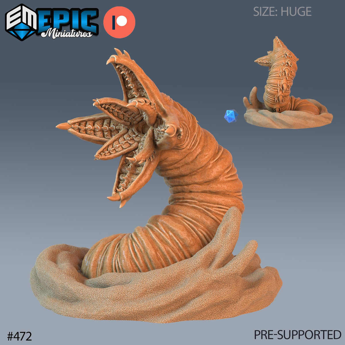 Sandworm Set of 2 DND Minis | Mythical Desert Collection | TTRPG | Athas Al Qadim Osirion Oasis Wastes Option #472 front DND miniature  16k resin