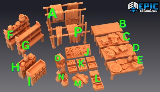 Merchant Shop Scatter Terrain Props DND Minis | Mythical Desert Collection | TTRPG | Athas Al Qadim Osirion Oasis Wastes | table box jars Option A front DND miniature  16k resin