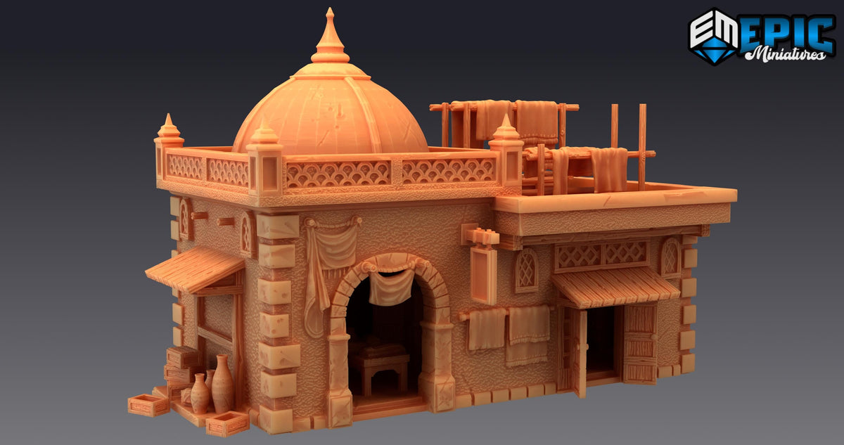 Merchant Shop Scatter Terrain Props DND Minis | Mythical Desert Collection | TTRPG | Athas Al Qadim Osirion Oasis Wastes | table box jars Option C front DND miniature  16k resin