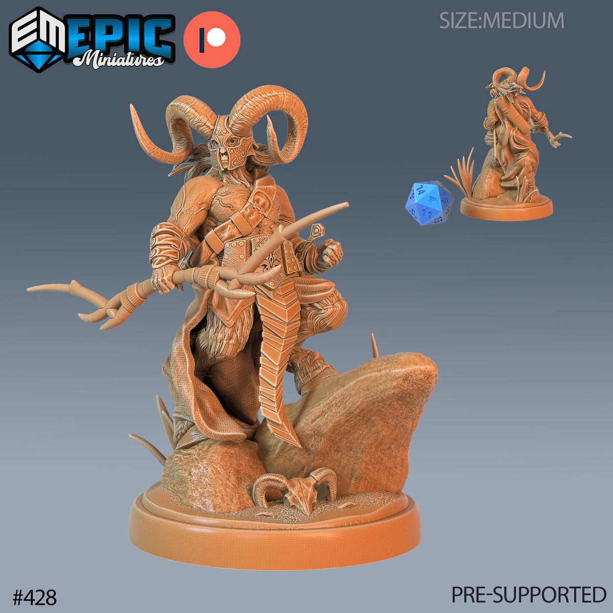 Satyr Armored Set of 3 DND Minis | Fey Woods Collection | TTRPG Barovia Wildemount Exandria Corrupted Kingmaker Folklore | Ram Bow Fighting Option #428 front DND miniature  16k resin