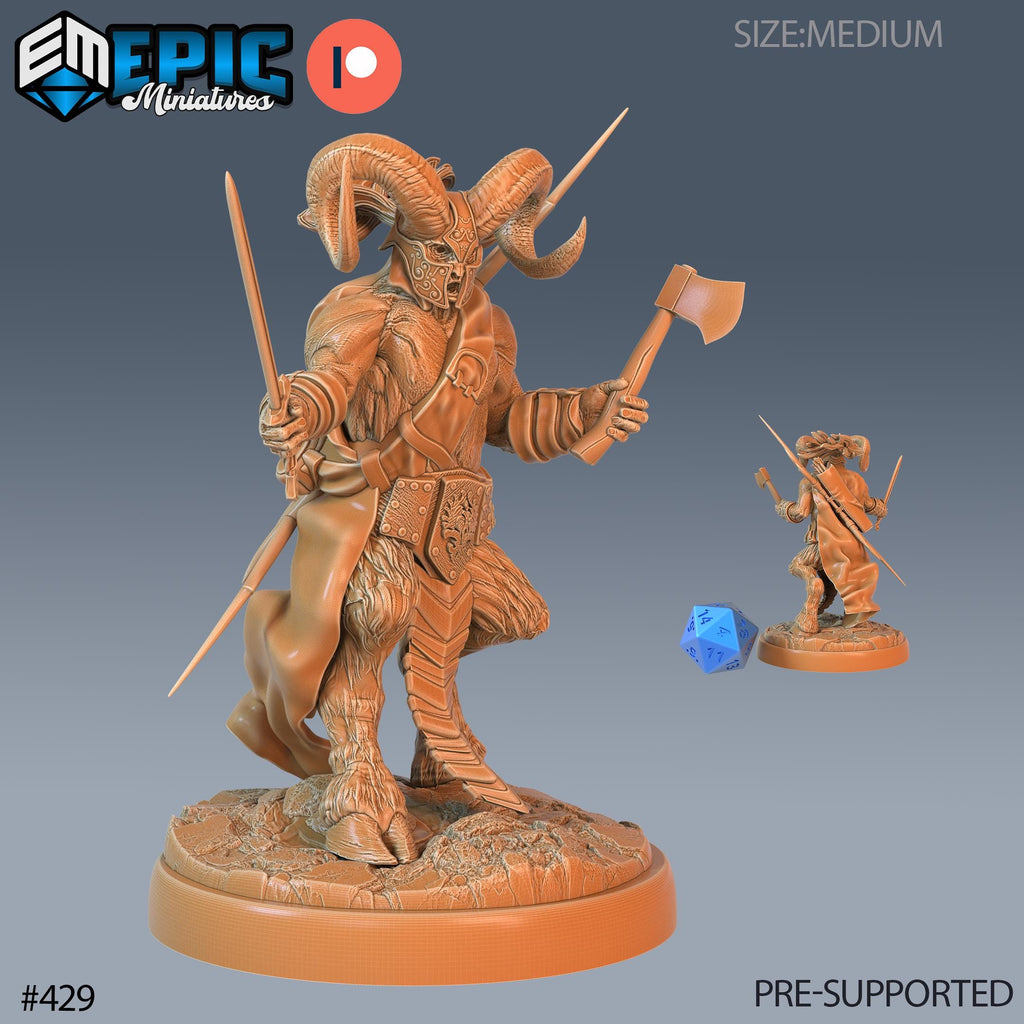 Satyr Armored Set of 3 DND Minis | Fey Woods Collection | TTRPG Barovia Wildemount Exandria Corrupted Kingmaker Folklore | Ram Bow Fighting Option #429 front DND miniature  16k resin