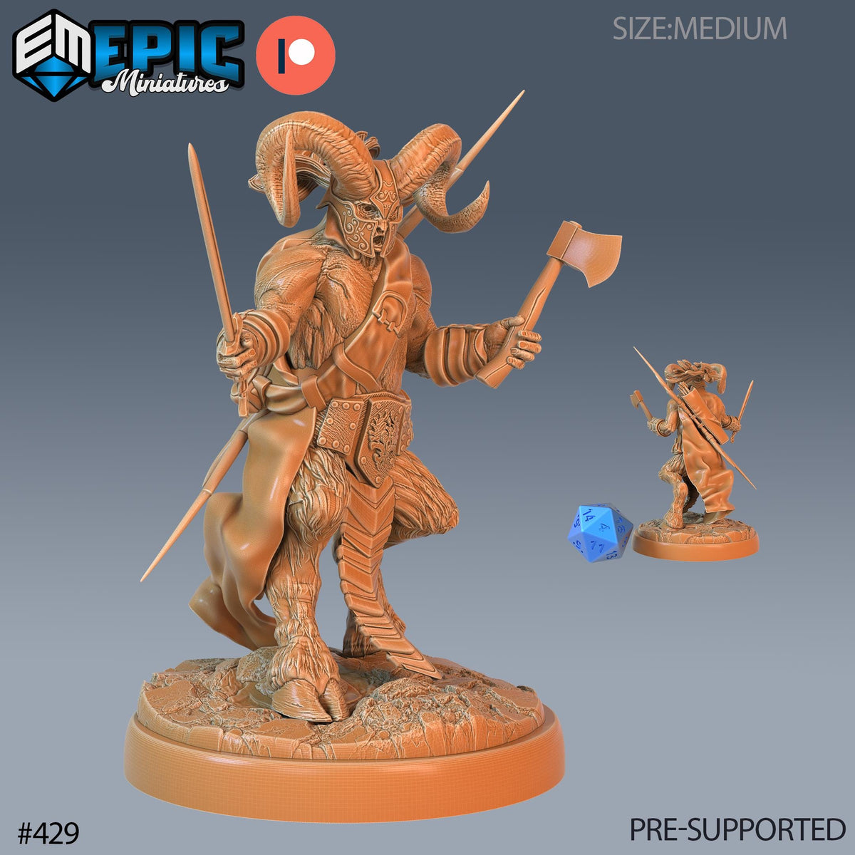 Satyr Armored Set of 3 DND Minis | Fey Woods Collection | TTRPG Barovia Wildemount Exandria Corrupted Kingmaker Folklore | Ram Bow Fighting Option #429 front DND miniature  16k resin