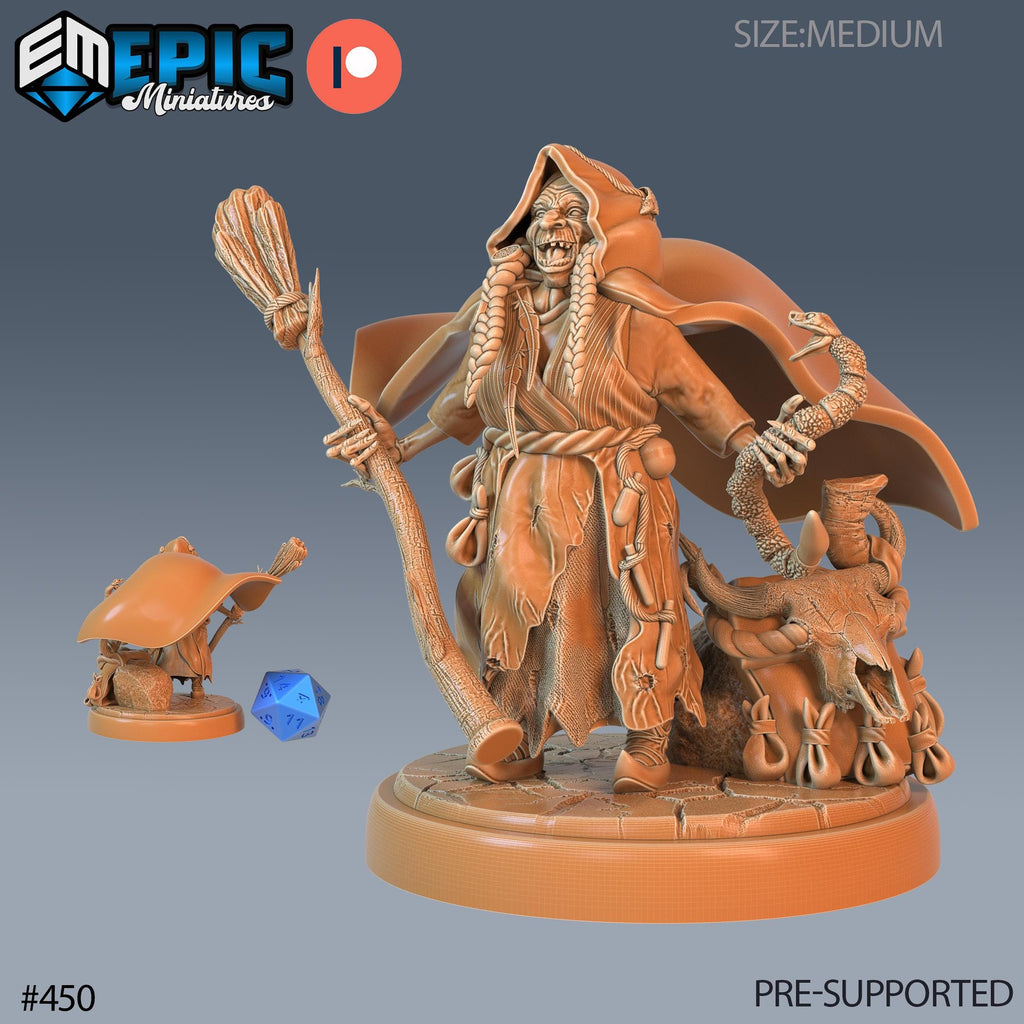Baba Yaga Witch Set of 3 DND Minis | Fey Woods Collection TTRPG Barovia Wildemount Exandria Corrupted Kingmaker Folklore Mortar Pestle Broom Option #450 front DND miniature  16k resin