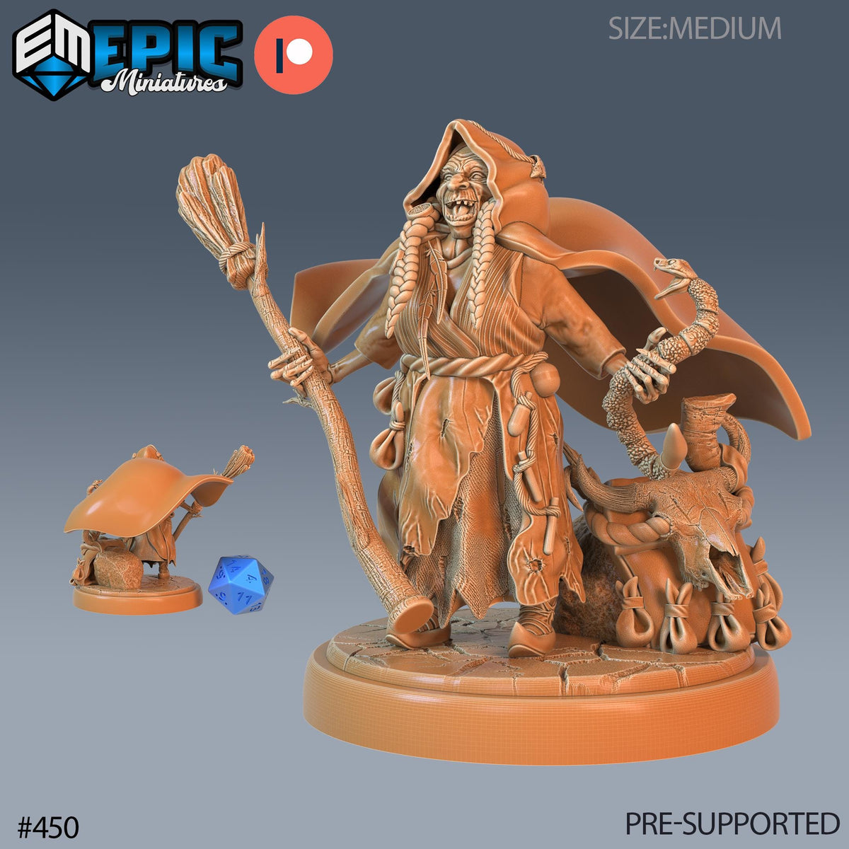 Baba Yaga Witch Set of 3 DND Minis | Fey Woods Collection TTRPG Barovia Wildemount Exandria Corrupted Kingmaker Folklore Mortar Pestle Broom Option #450 front DND miniature  16k resin
