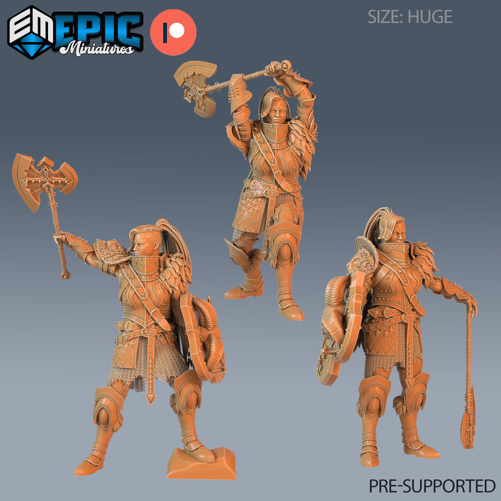Fire Giantess Set of 3 DND Minis | Inferno Island Collection | TTRPG | Armor Axe Nautical elemental Chult Coast Firefinger Netherdeep DND miniatures group photo