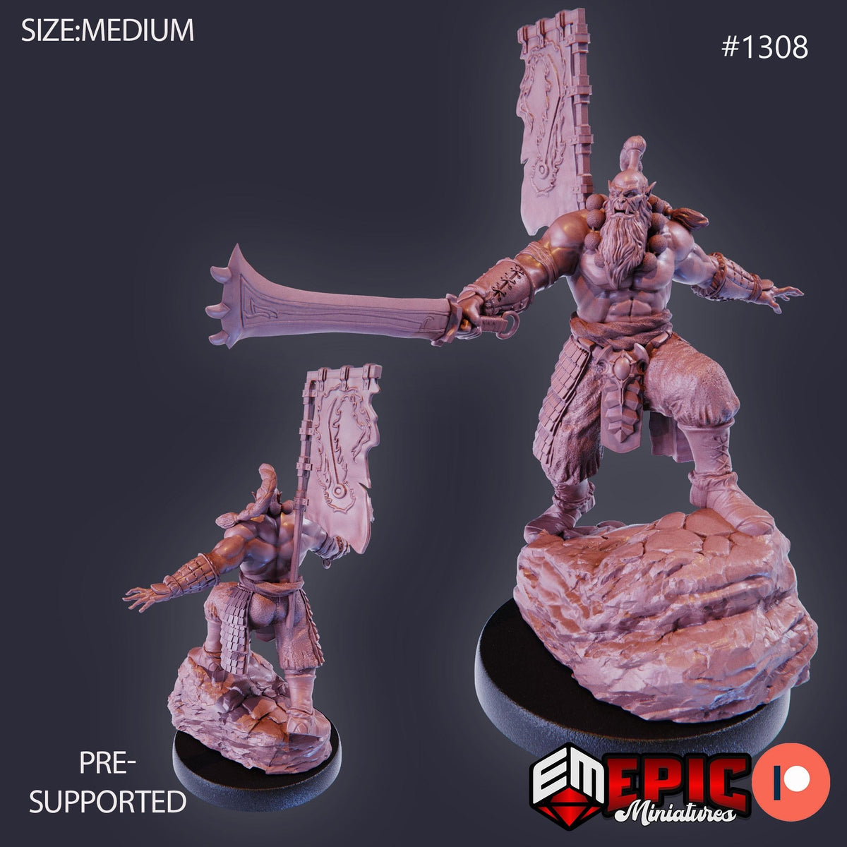 Orc Blade Master Option #1308 front DND miniature Green Siege 16k resin