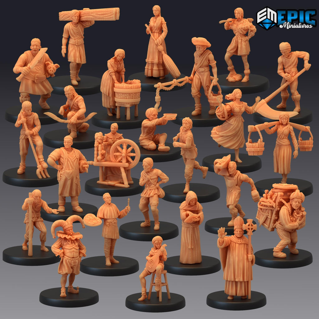 Villagers Set of 24 DND miniatures group photo Farm Village