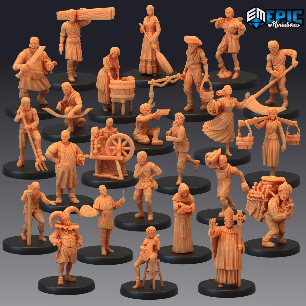 Villagers Set of 24 DND miniatures group photo Farm Village