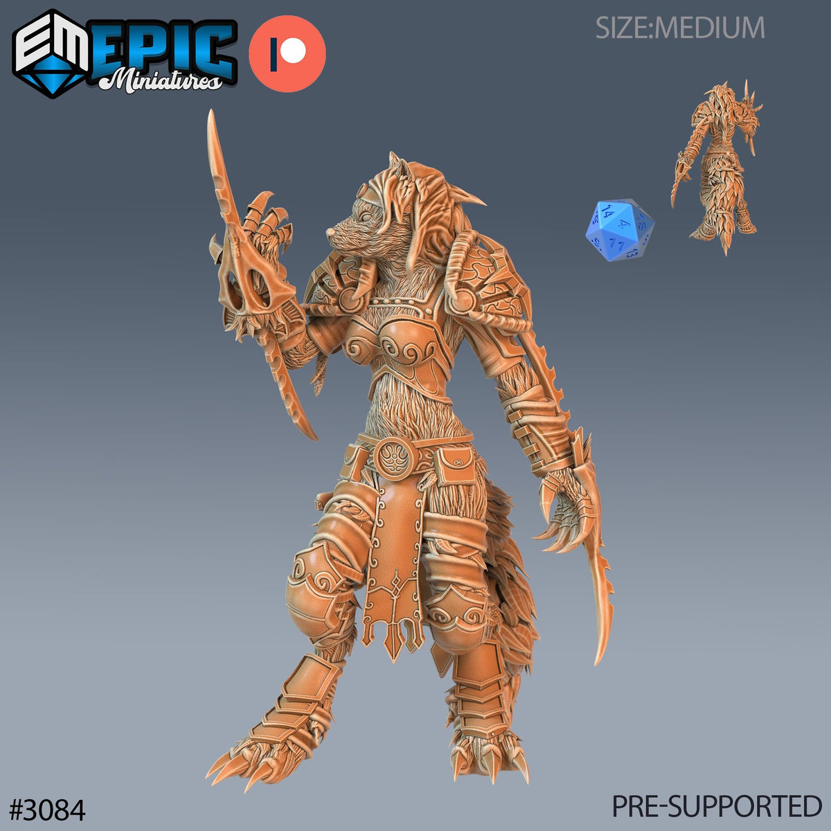 Werewolf Adventurer Female Option #3084 front DND miniature Sunrise Tavern 16k resin