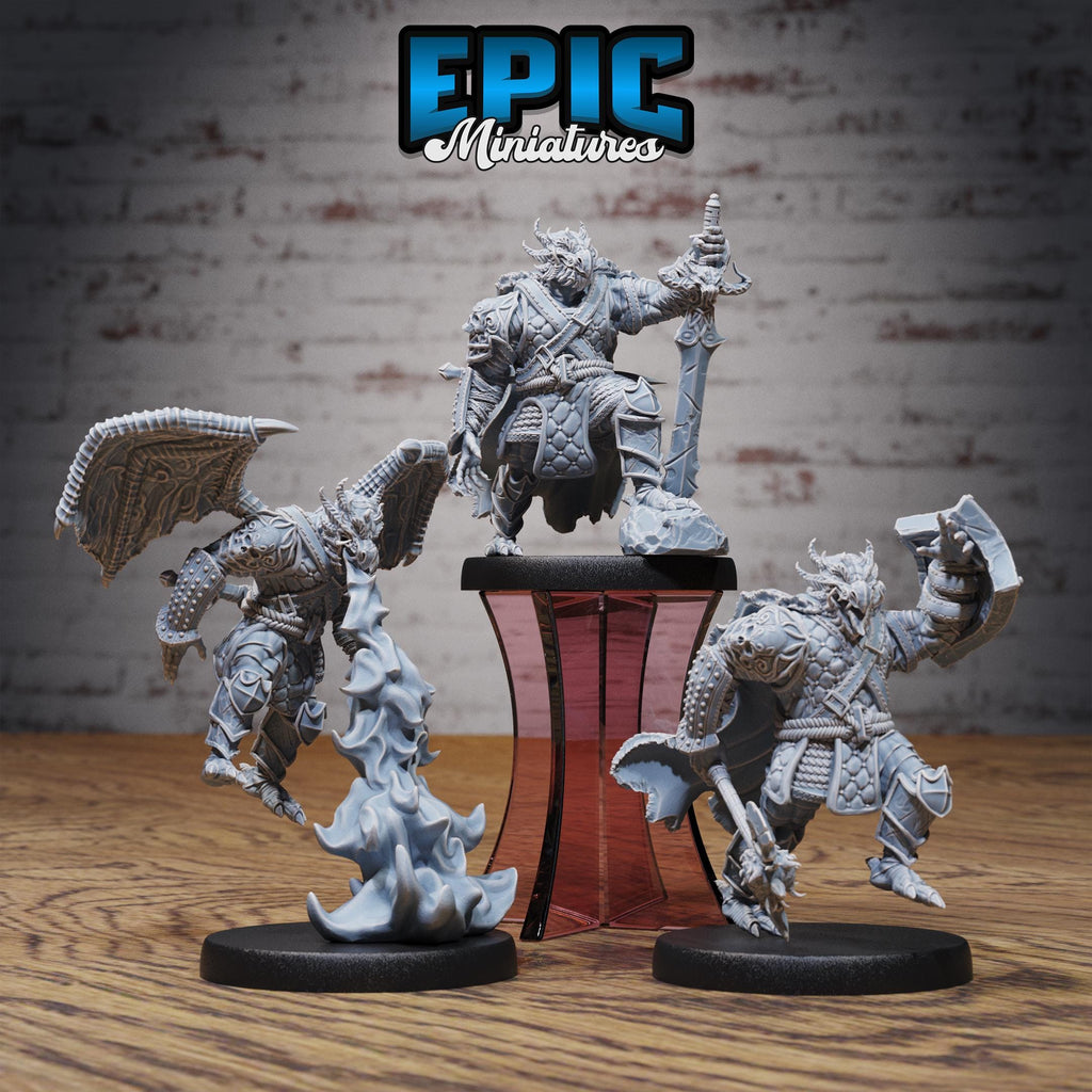 Dragonborn Warrior Set of 3 DND miniatures group photo Dragons Reign