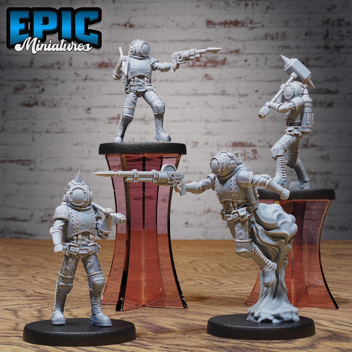 Pressure Diver Set of 4 DND miniatures group photo Steam Inventions
