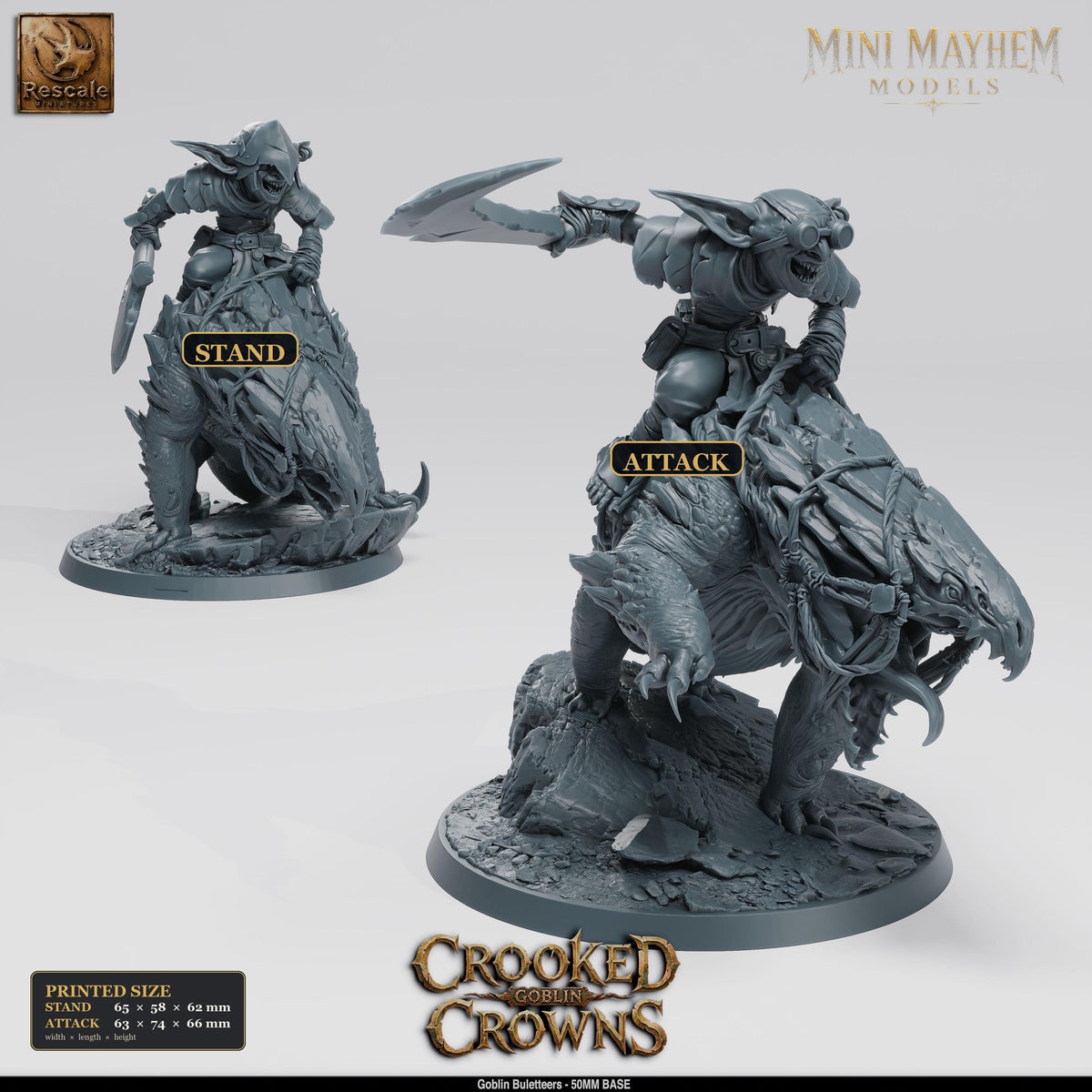 Goblin Buletteers Stand and Attack Crooked Crowns | Option: Stand Saddle | front | DND miniature  Rescale Miniatures