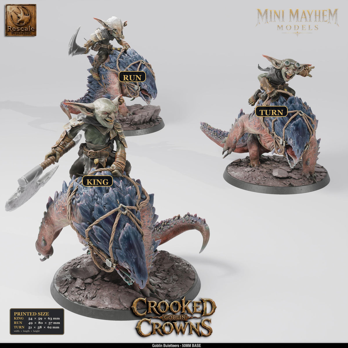 Goblin Buletteers King Run and Turn Crooked Crowns | Option: King Mount | front | DND miniature  Rescale Miniatures