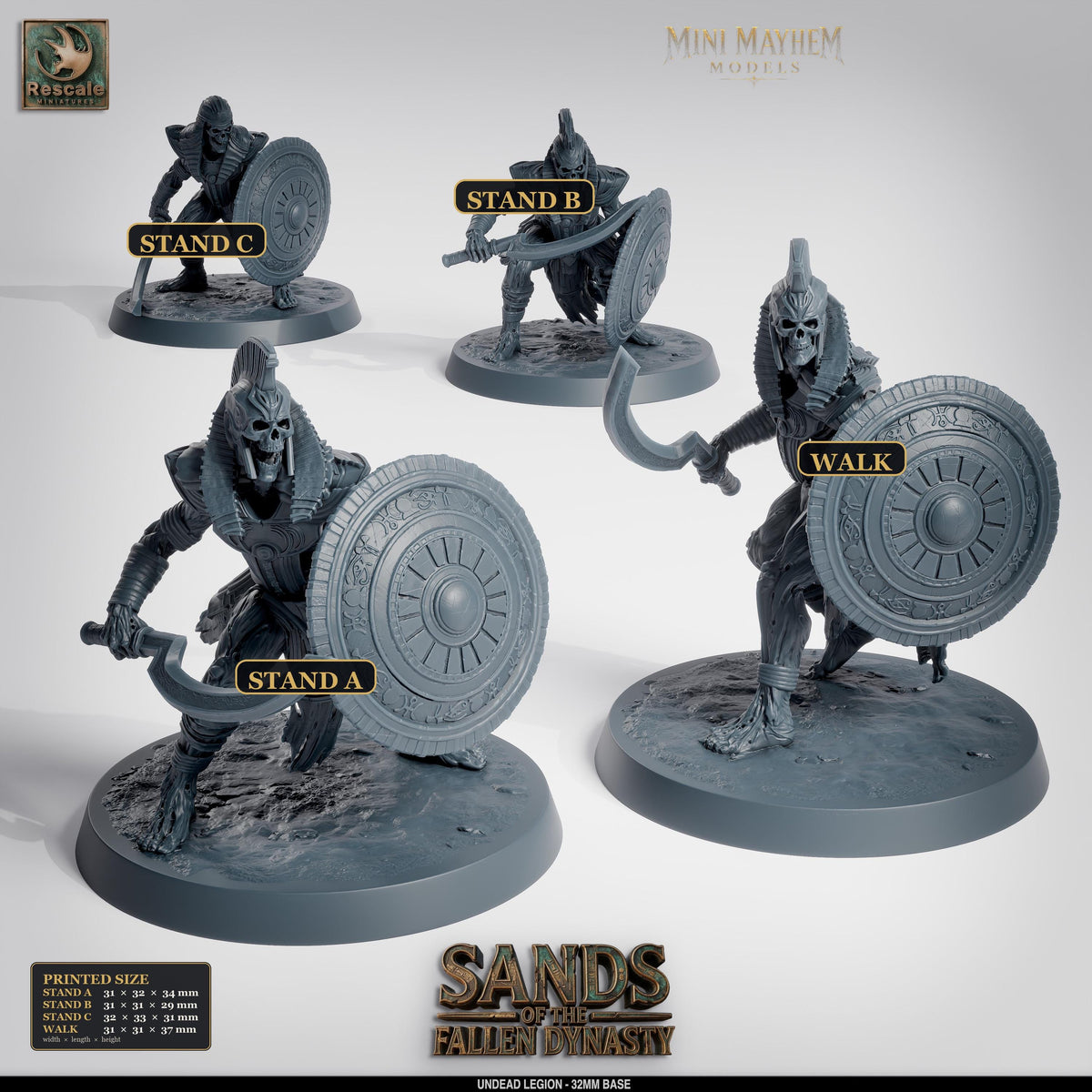 Undead Legion Sword and Shield Sands Dynasty | Option: Stand A | front | DND miniature  Rescale Miniatures