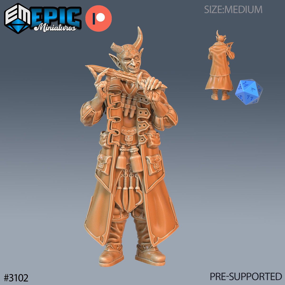 Tiefling Rogue Player Character Option #3102 front DND miniature Sunrise Tavern 16k resin