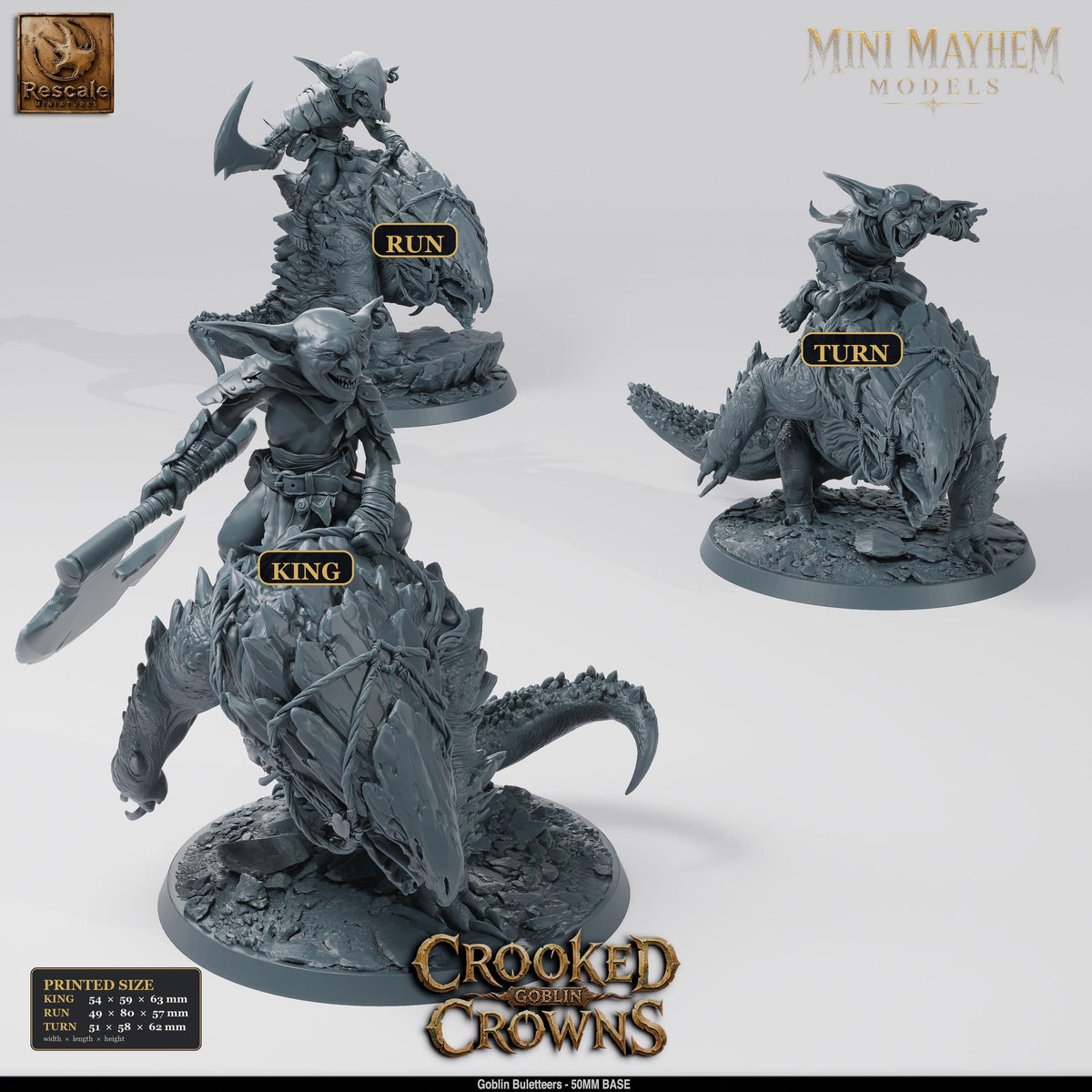 Goblin Buletteers King Run and Turn Crooked Crowns | Option: King Saddle | front | DND miniature  Rescale Miniatures