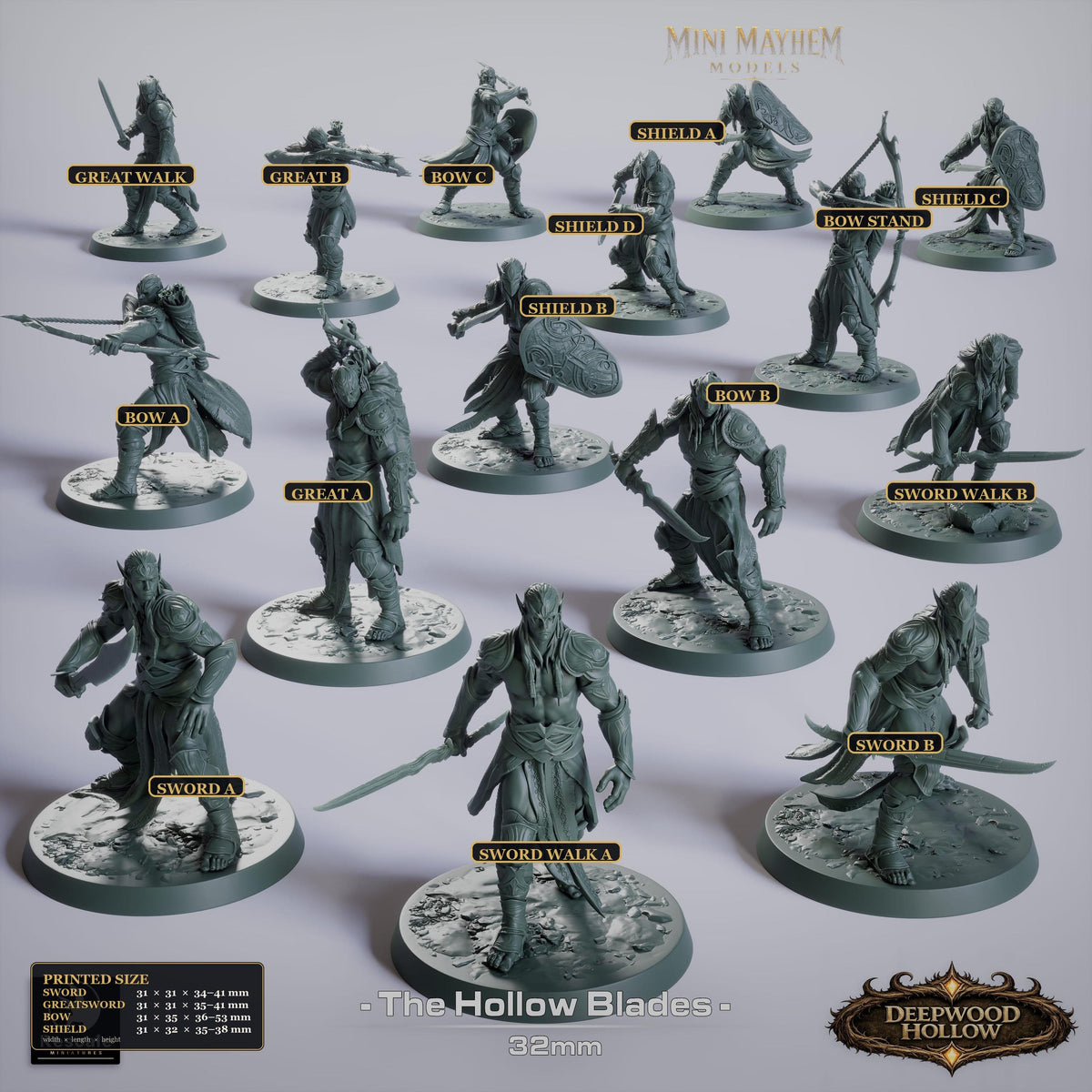 Hollow Blades Dark Elf Greatsword Deepwood Hollow | unpainted render | DND miniatures Deepwood Hollow Rescale Miniatures