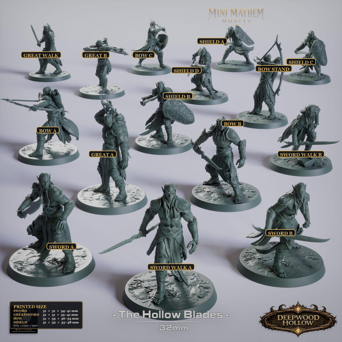 Hollow Blades Dark Elf Archer Deepwood Hollow | unpainted render | DND miniatures Deepwood Hollow Rescale Miniatures